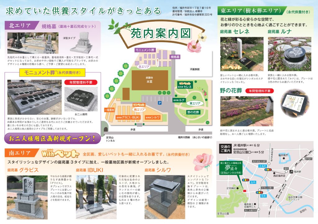 夢点々 苑内案内図 北エリア・南エリア・東エリア 各お墓の種類