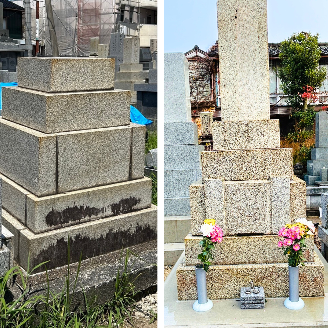 高岡市で行った墓石クリーニングと基礎工事の施工後の仕上がり